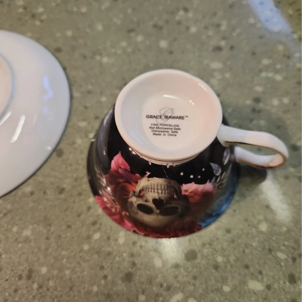 Grace Teaware Porcelain Tea Cup & Saucer Floral Skull Gothic Spooky Halloween